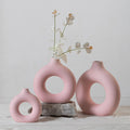 Pink Minimalist Flower Vase Home Decoration Circular Hollow White Black Rustic Modern Ceramic Vase Round Ring Donut Vase