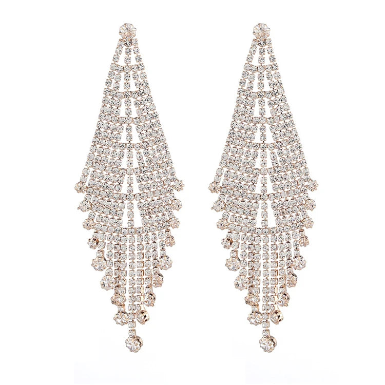 Bling Gold-Plated Long Dangle Crystal Rhinestone Earrings Water Drop Shape for Bikini Competition or Decorative Purposes