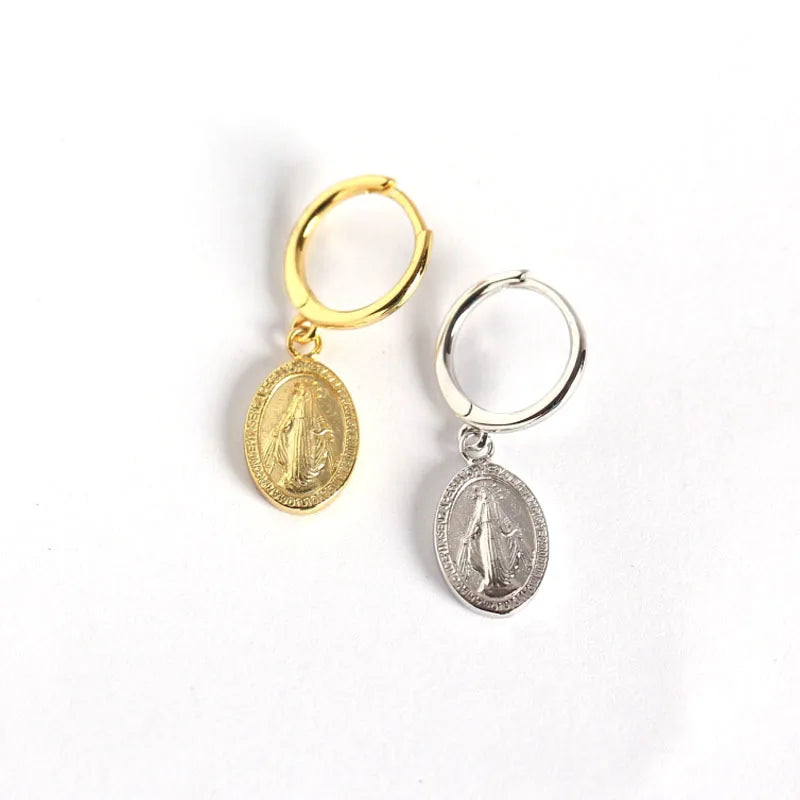 INS Design Jewelry Hot Sale  Gold Plated 925 Sterling Silver Virgin Mary Charm Hoop Dangling Earrings