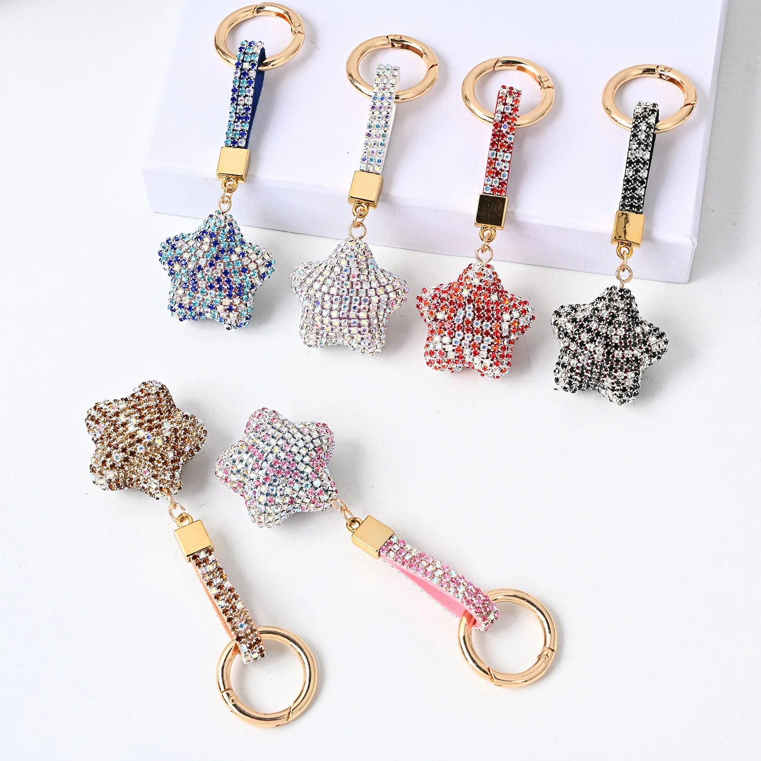 New Arrival Full Diamond Star Shape Pendant Key Chain Fashion Zircon Crystal Car Schoolbag Keychain for Girl