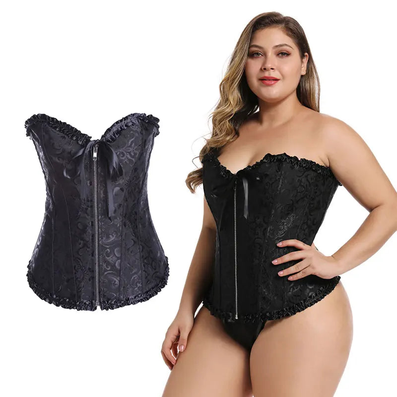 Plus Size Gothic Jacquard Bustier Strapless Wedding Dress Front Zip Lace up Overbust Corset for Women