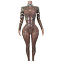 Fashion Rhinestone Sequin Bodysuits See Through Dancer Leotard Bodycon Rompers Stripper Dancewear Women Party One Piece Jumpsuit