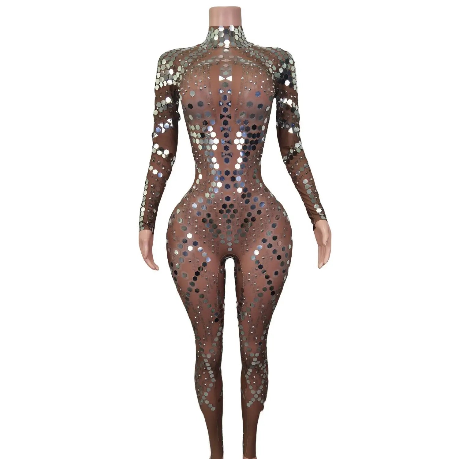 Fashion Rhinestone Sequin Bodysuits See Through Dancer Leotard Bodycon Rompers Stripper Dancewear Women Party One Piece Jumpsuit