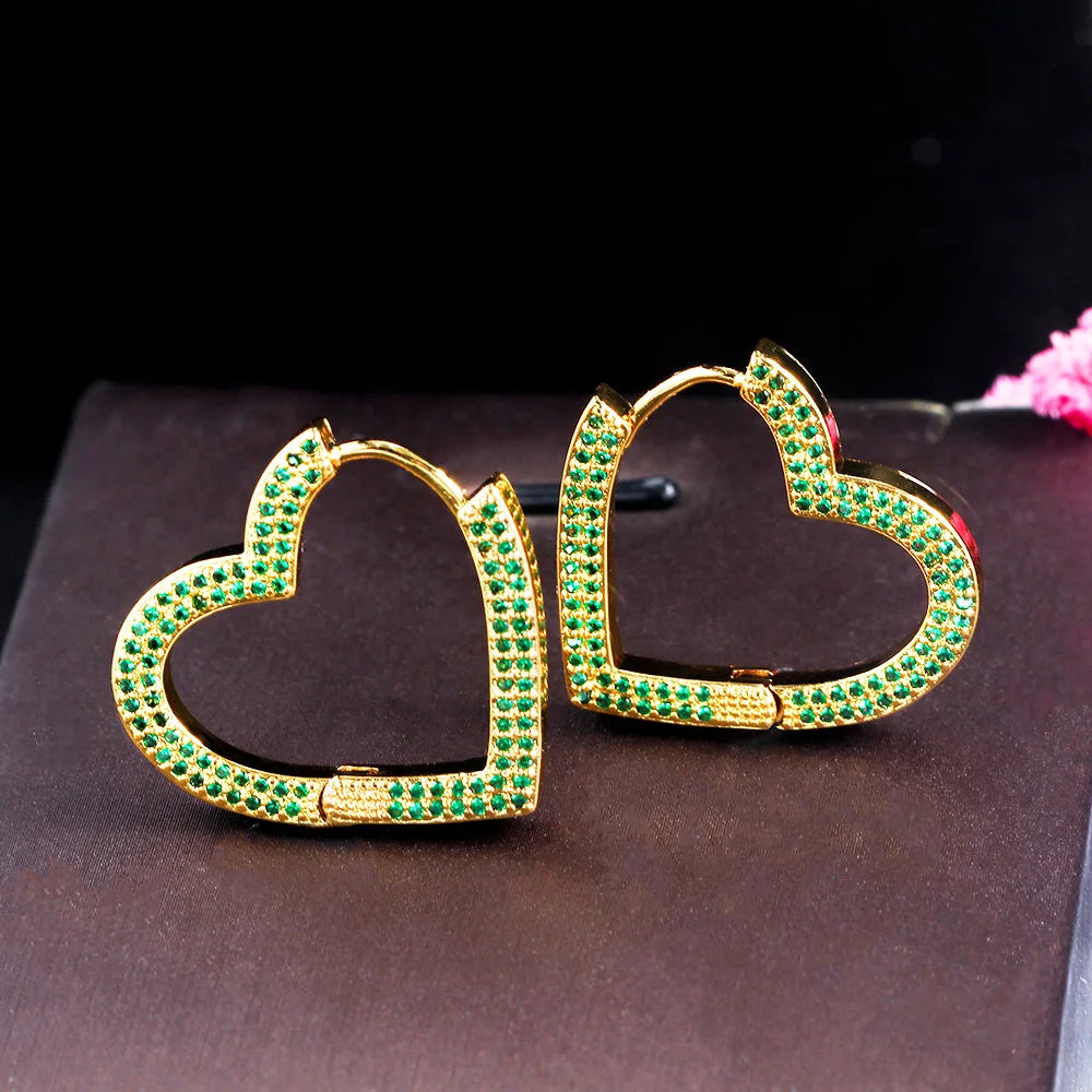 Chic Love Heart Shape Gold Plated Green Cubic Zirconia Crystal Stud Hoop Earrings for Women Fashion Micro Paved CZ Jewelry Gift