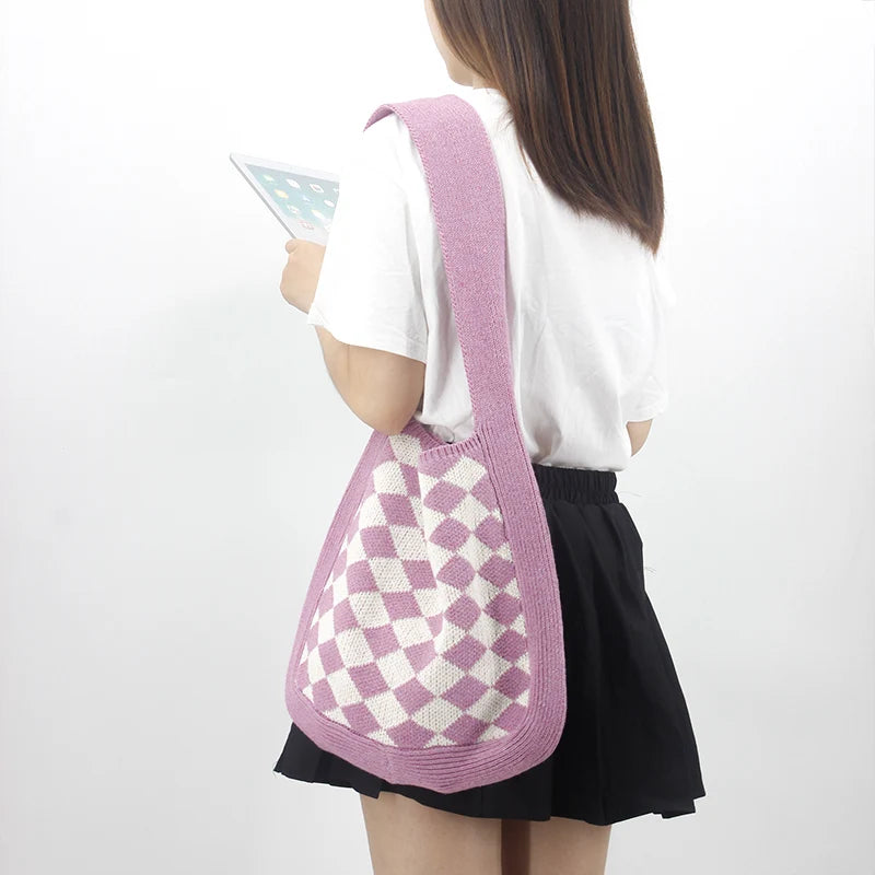 2023 Korean Vintage Lady Polyester Crochet Knitted Bag Lovely Geometric Pattern Collage Shoulder Bags Open Closure Portable