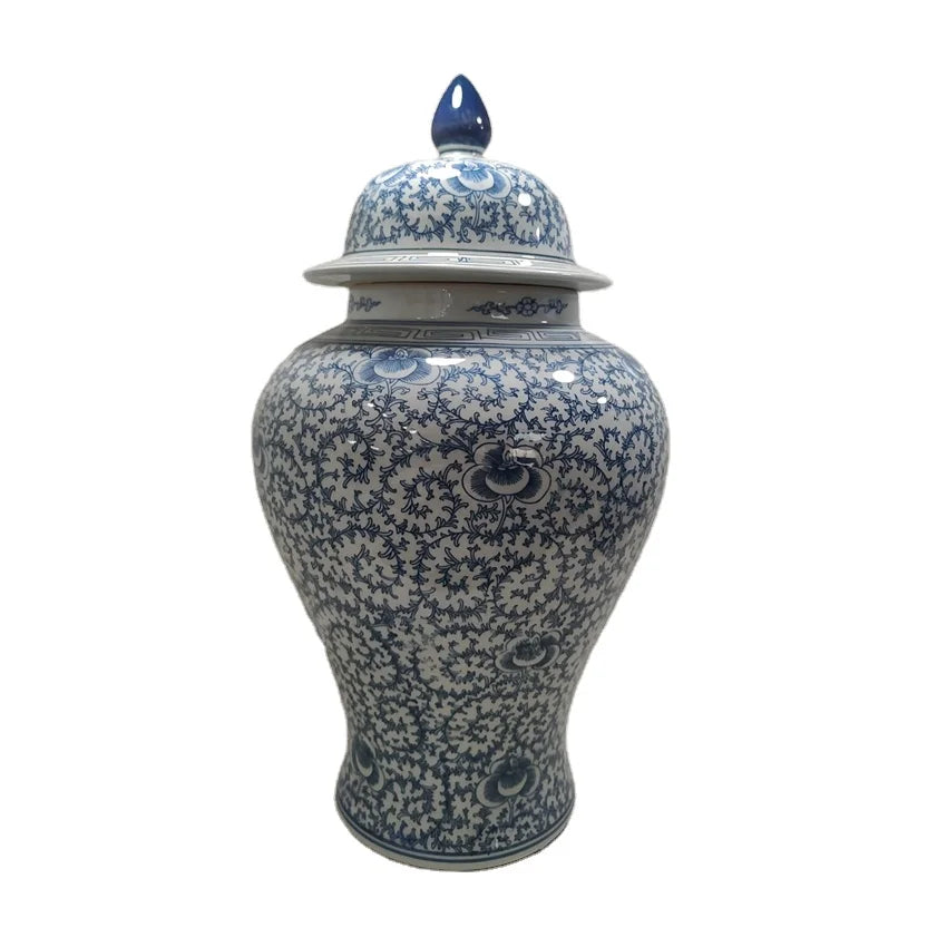 Jingdezhen Blue and White Antique Porcelain Jar Traditional Chinese Ceramic Temple Jar Tabletop Vase with Transparent Glaze