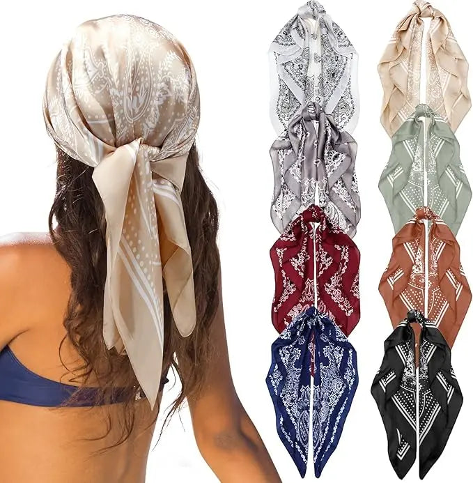 Wholesale Custom Elegant 35.5" Square Casual Silky Floral Lightweight Multifunction Satin Silk Headscarf Bandanas Women Skin