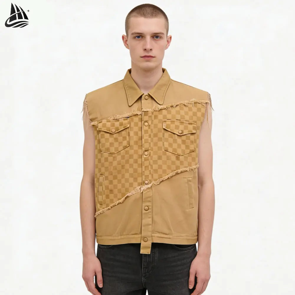 Custom Denim Vest Twill Canvas Distressed Ripped Sleeveless Trucker Jacket for Men