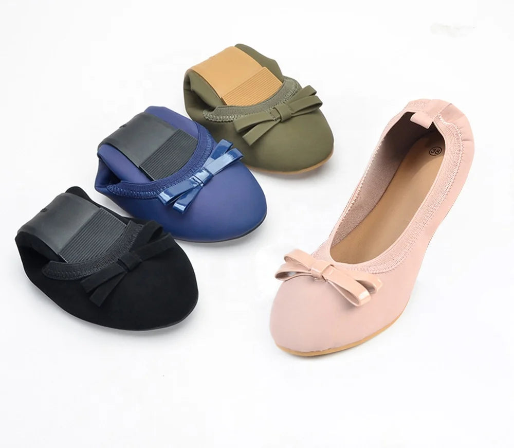 Women's Foldable Portable Ballet Shoes Dressy Comfortable Round Toe Travel Ballet Flats with Bow