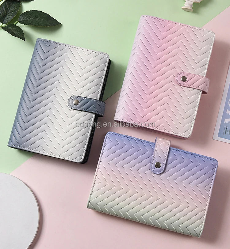Custom Macaroon Gradient Color Laser Pu Leather Organizer 6 Ring Binder A6 Cash Budget Binder Wallet
