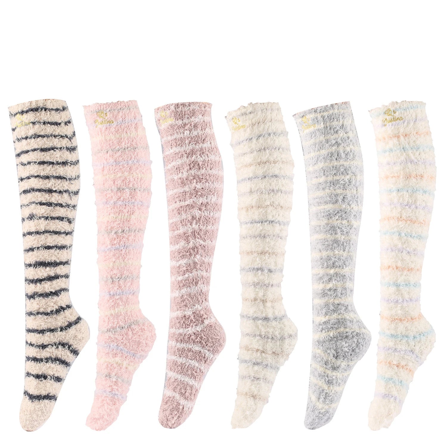 Fuzzy Color Coral Fleece Color Stripes Pattern Autumn Winter Slouchy Warm Long Socks Women Girls