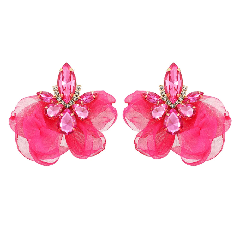 Kaimei 2022 Earrings New Korean Fashion Chiffon Flower Earrings for Women Luxury Crystal Statement Jewelry Cute Summer Earrings