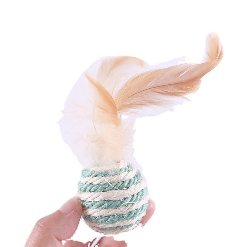 Small 5cm Hand Woven Feather Sisal Ball Cat Toy Eco-Friendly Interactive Self Play Toy