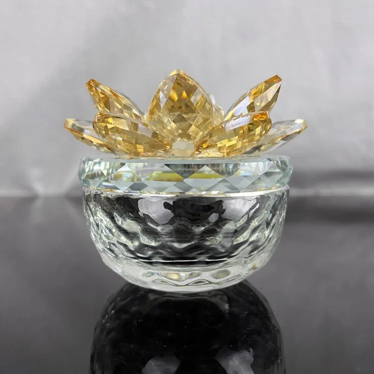 Gold champagne Diamond Glass Dish Crystal Jewelry Trinket Boxes with Lotus Lid MH-QT0483