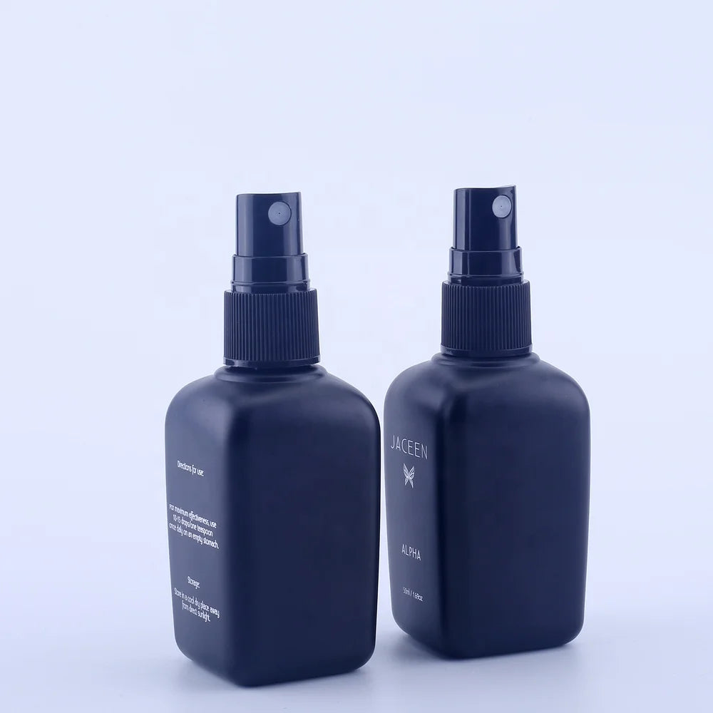In Stock Cosmetic Square Matte Black 50ml Refillable Glass Perfume Spray Bottle with Plastic & Aluminum Spray Pump Cap
