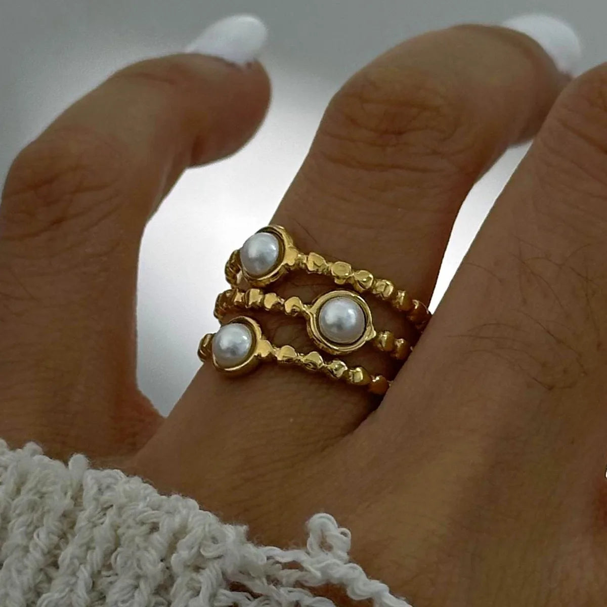 New Arrival INS 18K Gold Plated Three Layer Pearl Stainless Steel Fashion Open Rings for Women