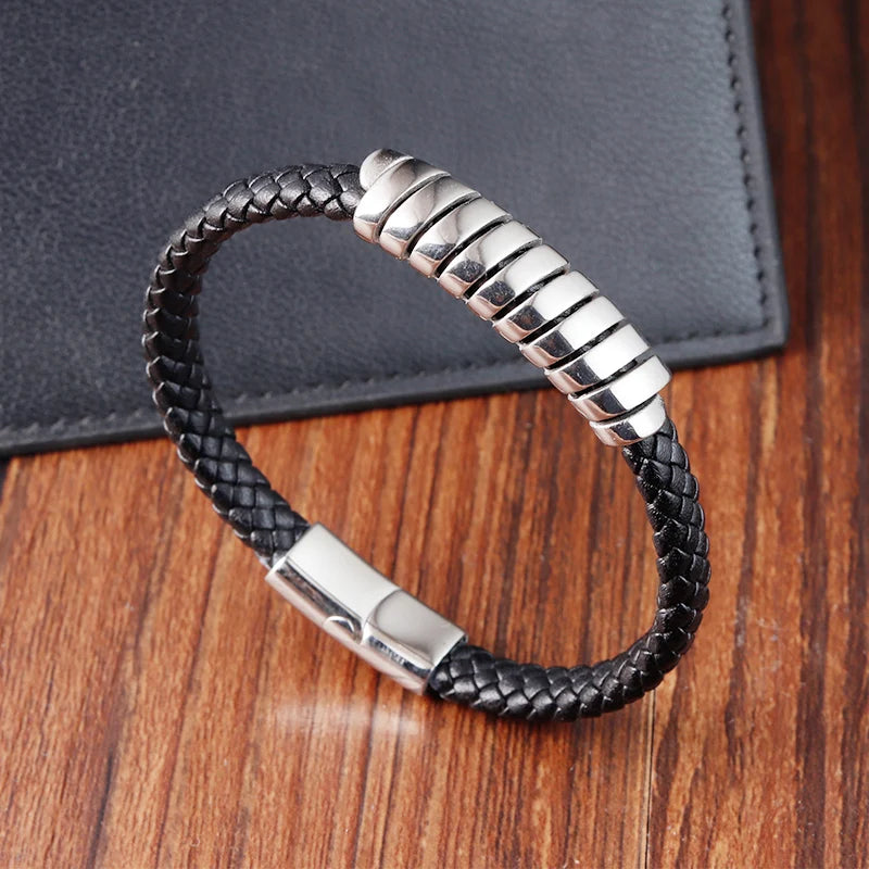 Fashion Charm Stainless Steel Magnetic Clasp Men Bracelet Braided Bangles Jewelry Genuine Leather Mens Accessories Bracelet