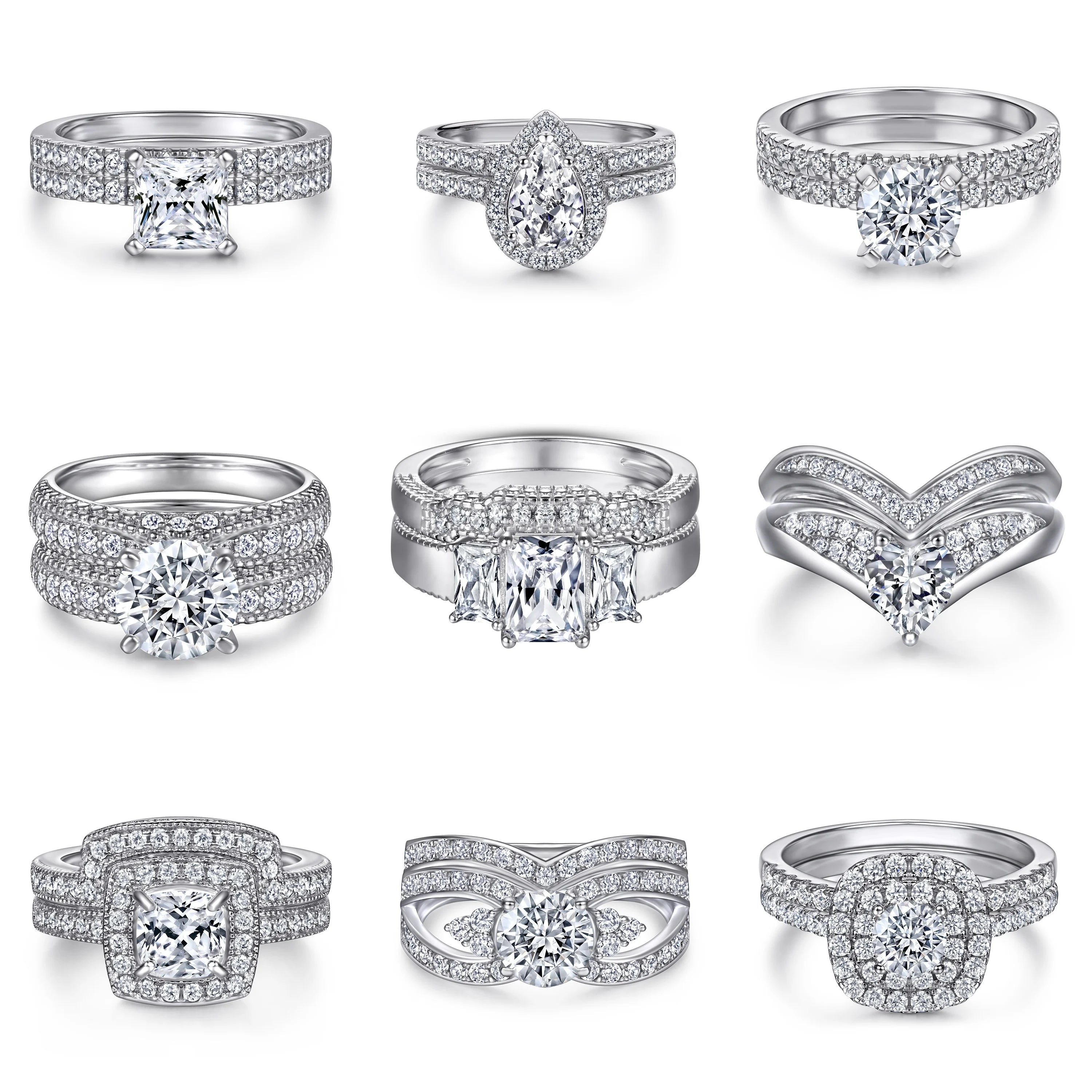 925 Sterling Silver Jewelry Manufacturer Round Brilliant Cut Rhodium Plated White Zirconia Rings for Engagement Wholesale