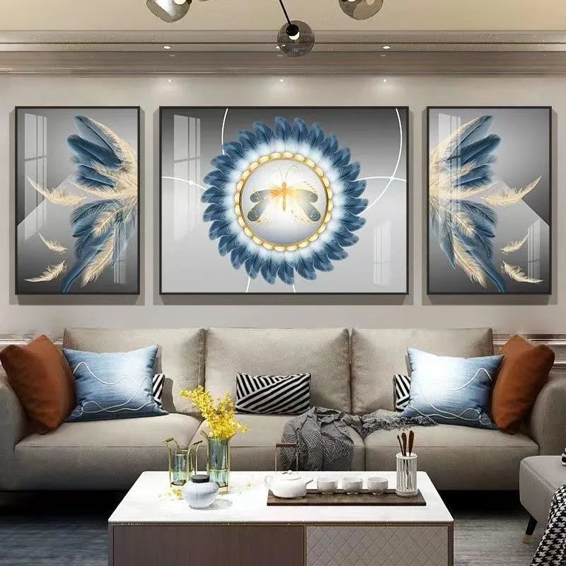 Custom Modern Luxury Wall Painting Blue Feather Abstract Crystal Porcelain Painting Wall Art 3 Pieces Living Room Home Decor