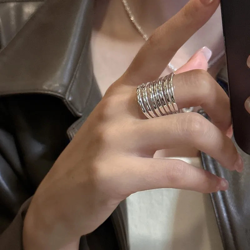 Vintage Real 925 Sterling Silver Multi-layer Hammered Texture Chunky Finger Rings for Women Gifts
