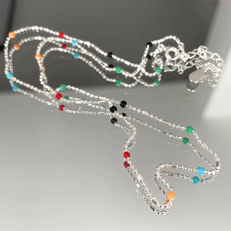 925 Sterling Silver Trendy Design Seed Bead Necklace Enamel Colorful Beaded Chain for Beach Geometric Pattern Party Gift