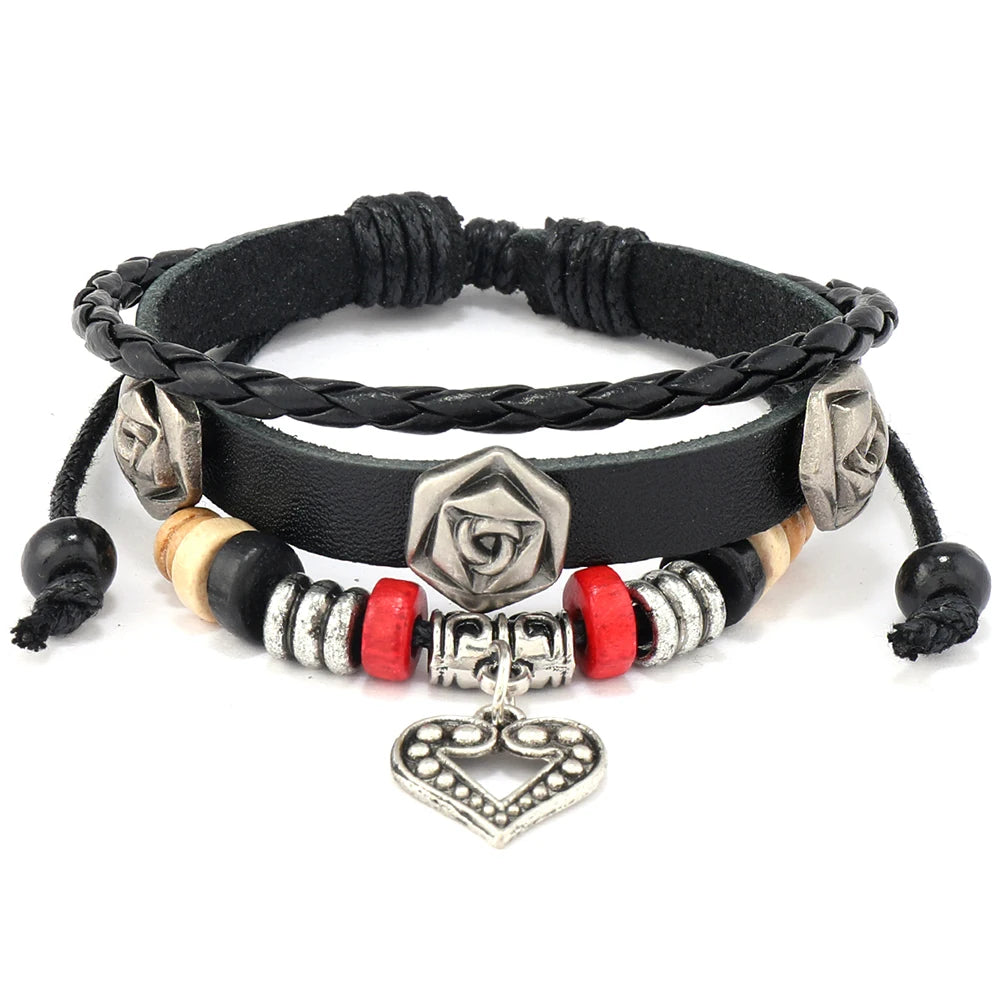 New Fashion Genuine Leather Charm Bracelets with Rose & Heart Pendant Wholesale for Men and Women