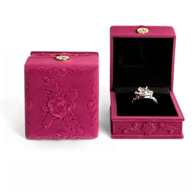High Grade Flower Design Rosy Velvet Jewelry Wedding Ring Storage Package Box