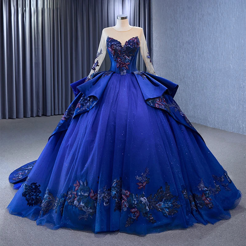 Jancember Rsm231042# First-Rate Blue Floral Print O-Neck Ball Gown Sequined With Chpel Train Evening Dress