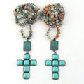 Fashion Women Bohemian Jewelry 8mm Gemstone Crystal Glass Knotted Rectangle Metal Tree Links Turquoise Cross Pendant Necklace