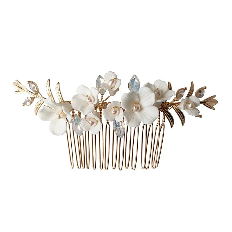 Elegant Fashionable Ceramic Flowers Wedding Hair Comb with Freshwater Pearls Beauty Hair Accessories for Women Bridal Headpiece