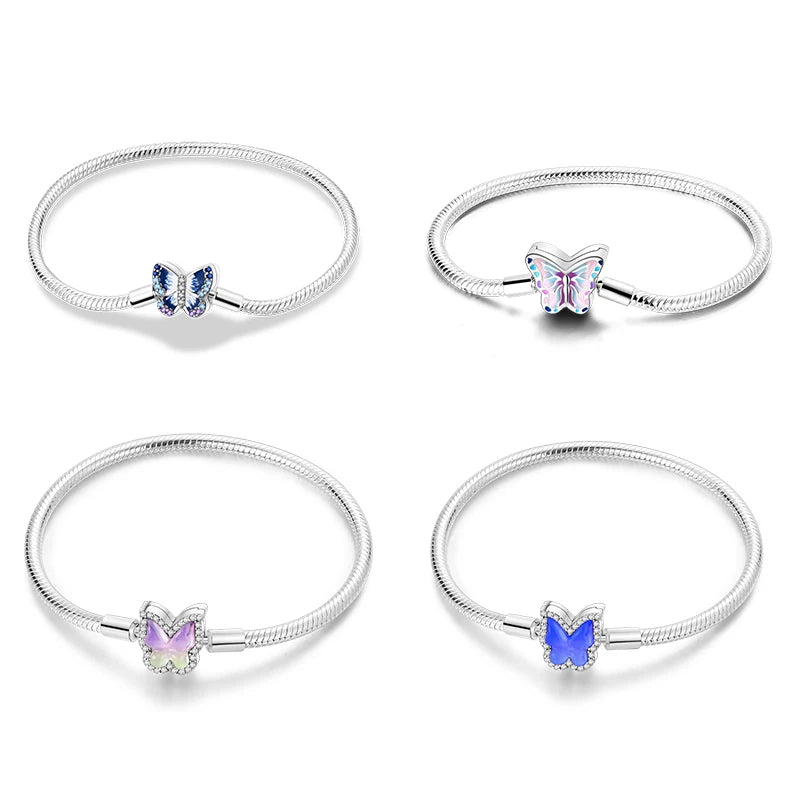 MULA Silver 925 Dreamy Snake Bone Butterfly Charm Bracelet Classic Style with Zircon Wedding Gift for Engagement and Anniversary Parties