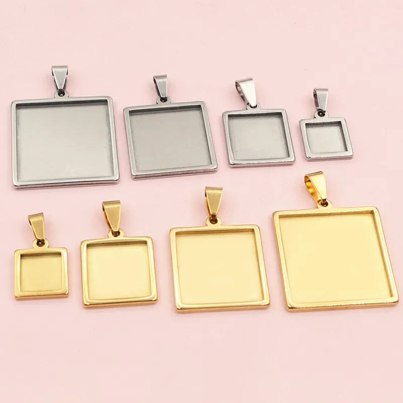 10mm 15mm 20mm 25mm Square Inner Size Stainless Steel Pendant Cabochon Base Cameo Blank Setting Charm Tray for DIY Jewelry
