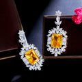 Glittering Big Rectangle Yellow Cubic Zircon Crystal White Gold Plated Long Bridal Wedding Women Dangle Drop CZ Earrings Jewelry