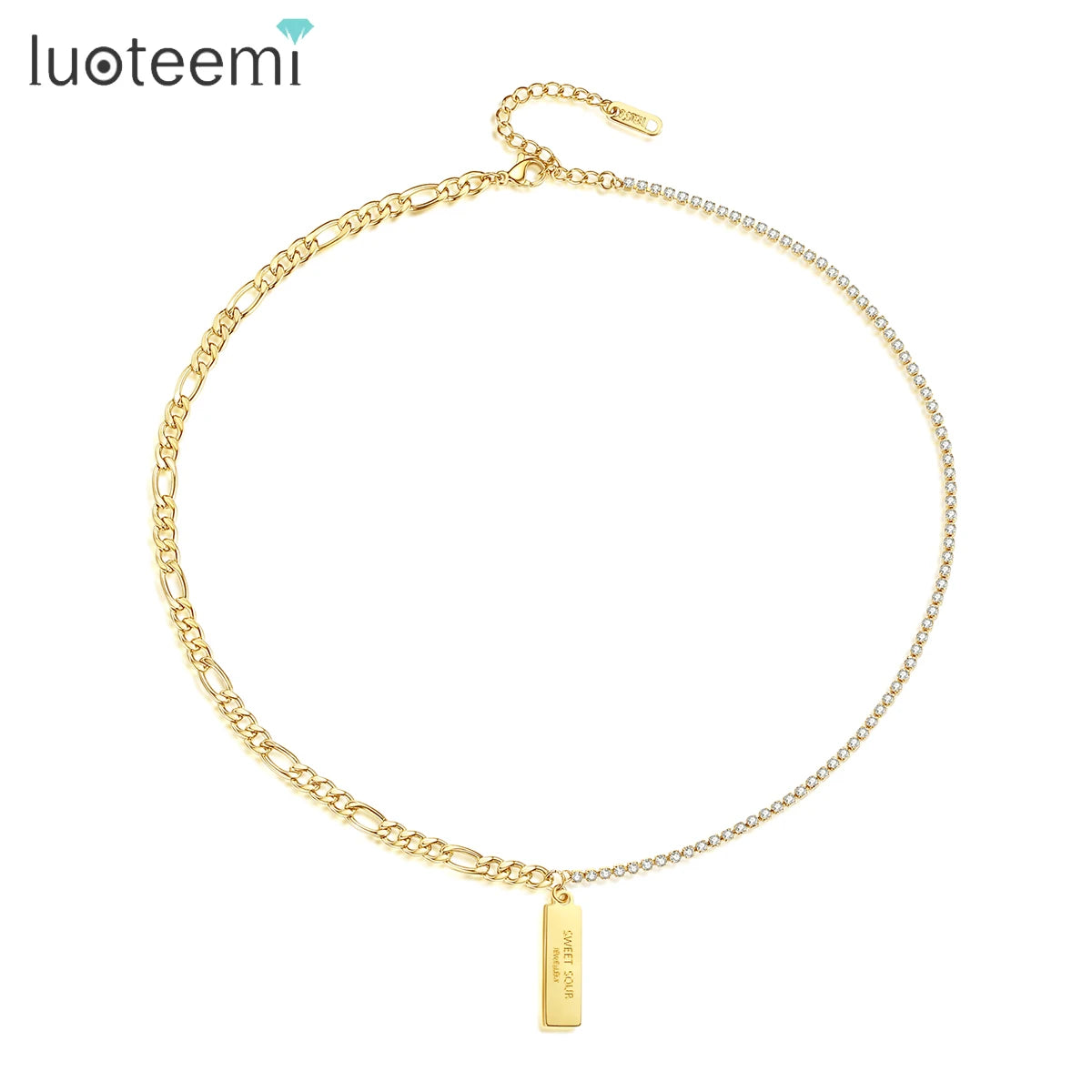 SP-LAM 2021 Trendy Statement Adjustable Figaro Chain Bar Pendant Stainless Steel Woman Tennis Necklace