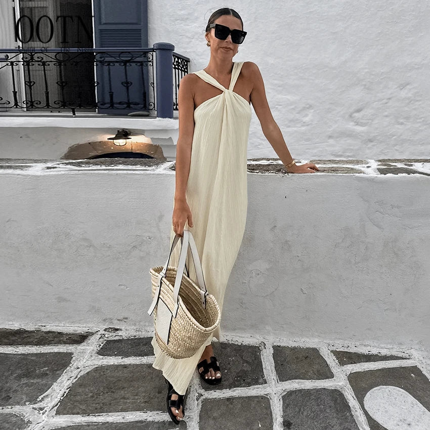 For Sexy Halter Neck Sleeveless Solid Maxi Dress Women Beige Loose Breathable Beach Summer 2025 Casual Long Dress