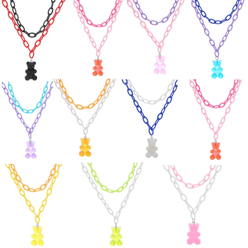 Women Girls Punk Hip Hop Resin Jelly Charm Pendant Double Layered Acrylic Chain Colorful Candy Gummy Bear Necklace With Bear