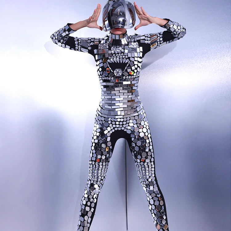 Women singer stage show sparkly jumpsuit mirror bodysuit Stage Performance Wear bar costume