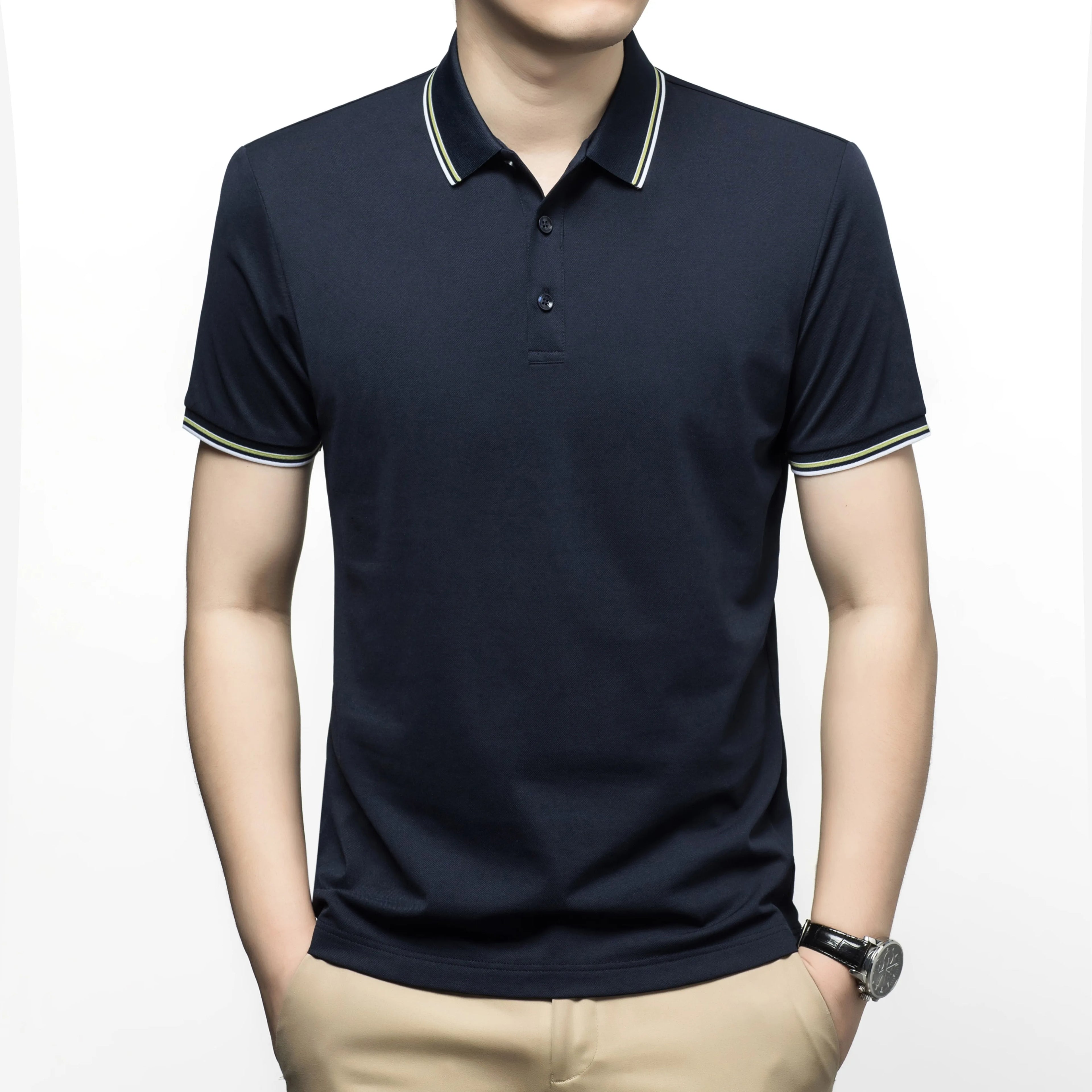 FLN Best Quality Men's Polyester for Polo Shirts Custom Logo New Design Yarn Dyed Casual Wear Solid Pattern Short Sleeve Style