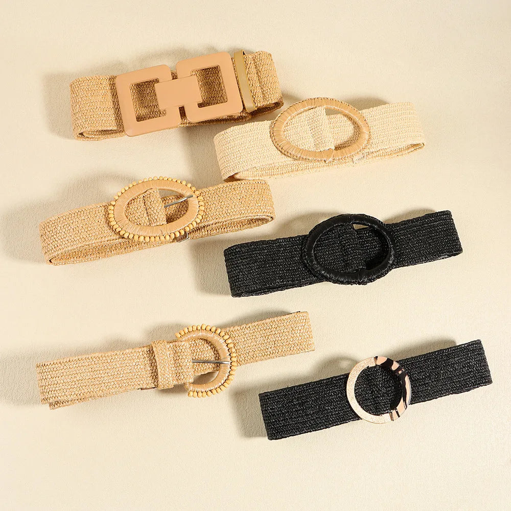 RW 2024 Summer Fashion 2" Wide Elastic Straw Waist Belt With Round Buckle Women Straw Woven Stretch Elastic Belt for Dresses