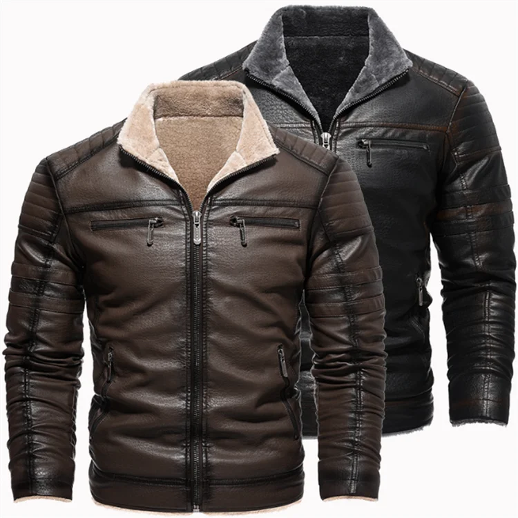 Wholesale Winter Warm PU Jackets Plus Fleece Casual Men's Plush Warm Jacket Coats