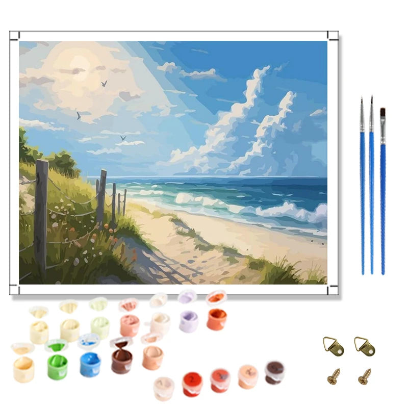 Painting by Numbers Blue Sky Landscape Beach Scenery Diy Oil Painting by Numbers Digital Painting Kit Home Decor for Kids