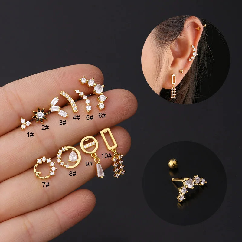 Hengsen 316 Surgical Stainless Steel Earrings CZ Tragus Conch Forward Helix Ball Back Stud Cartilage Earrings Piercing Jewelry