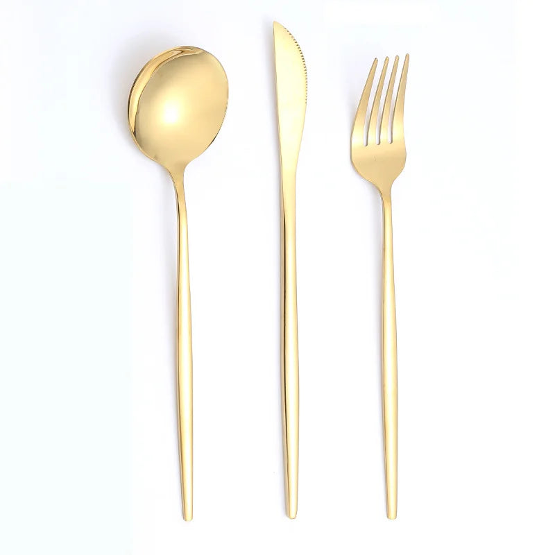 Stainless Steel Gold Color Cutlery Knife Fork Spoon 3pcs Set Tableware for Restaurant Wedding Gifts