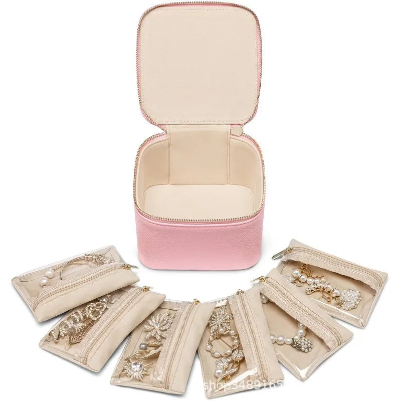 Leather Jewelry Box for Earrings and Necklace Storage Box Carrying Case Separate Bags Stud Earrings and Necklace Bag