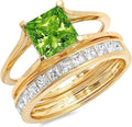 New Princess Cut Gold Ring Natural Pure Green Peridot Designer Classic Sliding Ring Band Set