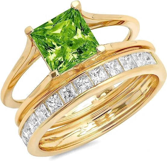 New Princess Cut Gold Ring Natural Pure Green Peridot Designer Classic Sliding Ring Band Set
