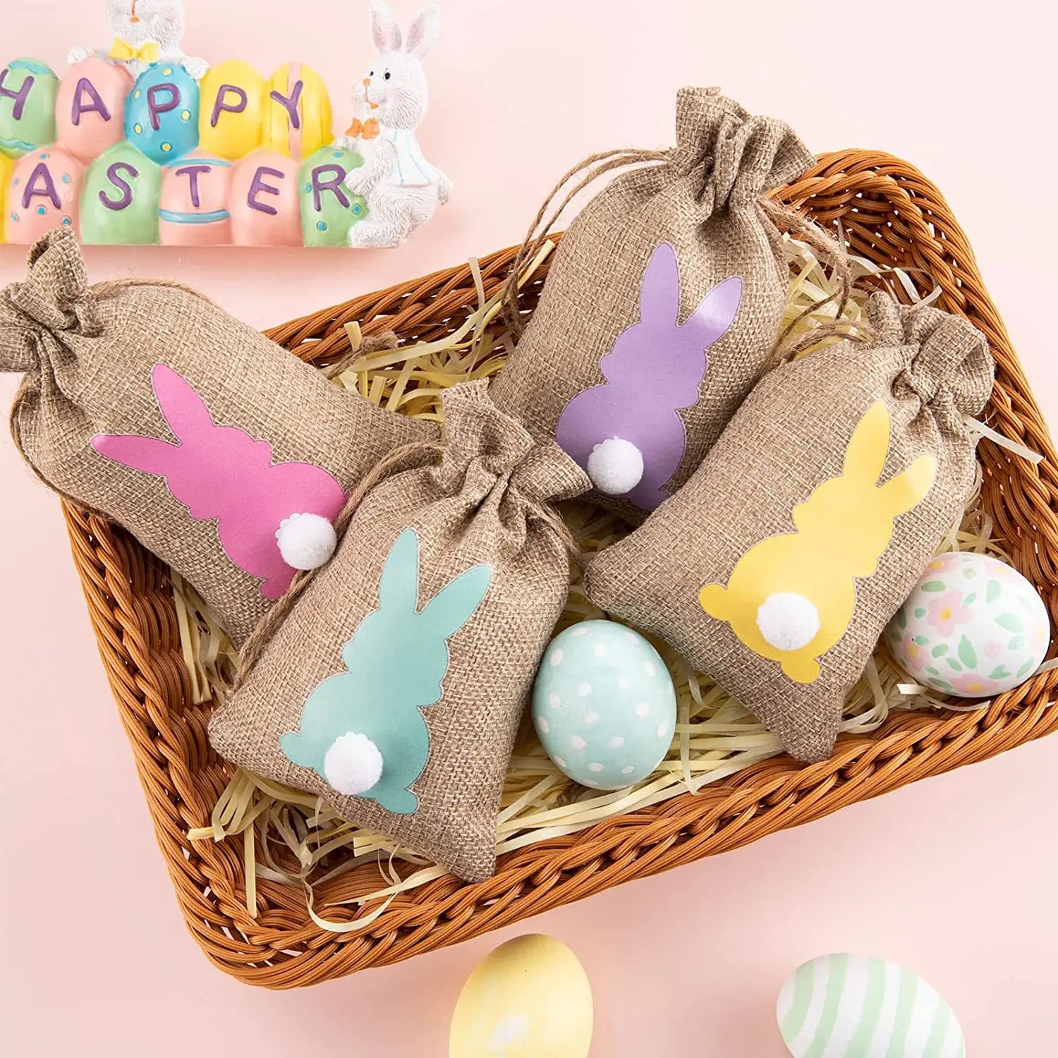 Easter Party Favors Burlap Drawstring Bags Candy Goody Gift Bags With Bunny Tail