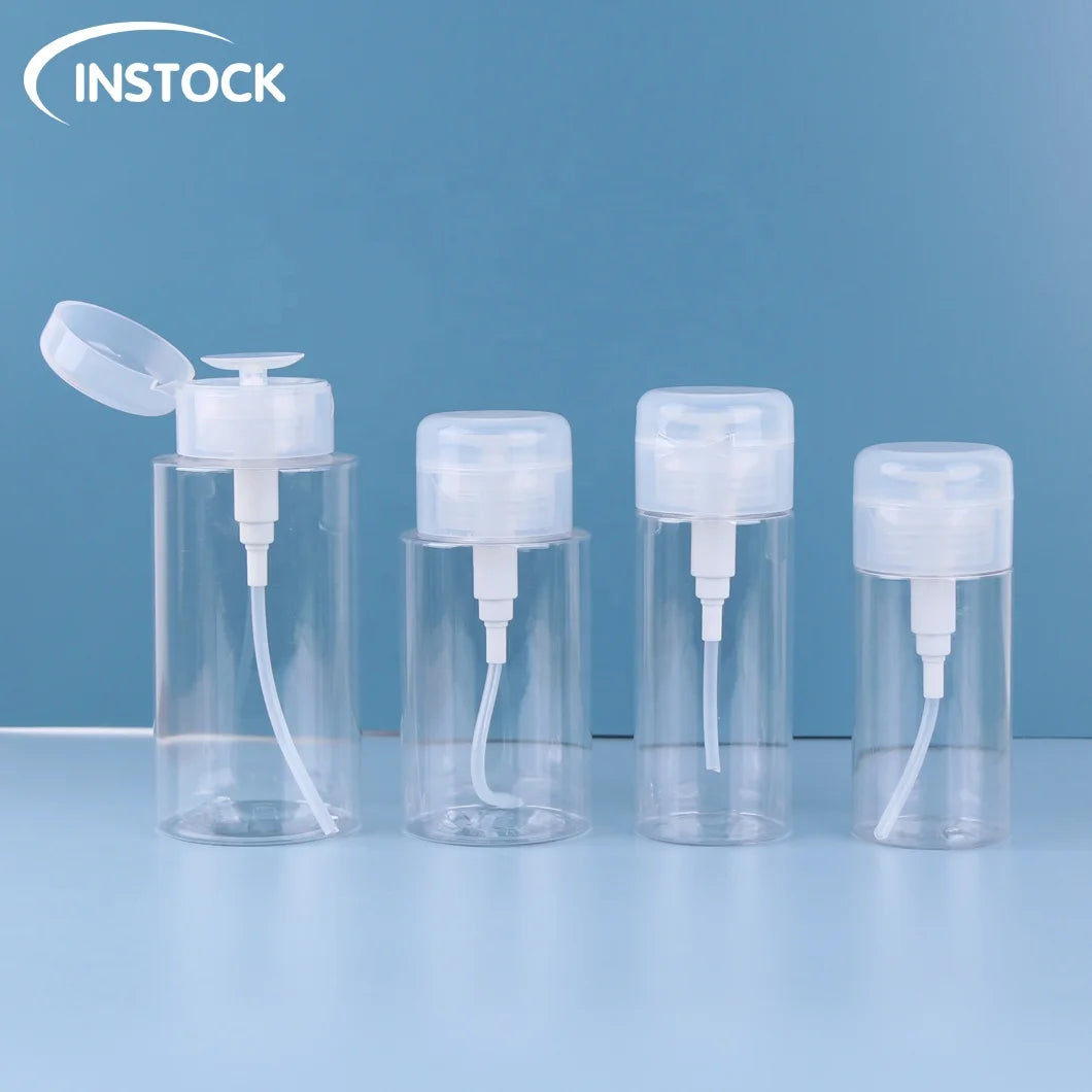 Instock PET Nail Polish Remover Bottles 120ml 150ml 200ml 300ml with Press Pump Dispenser Makeup Remover Bottles
