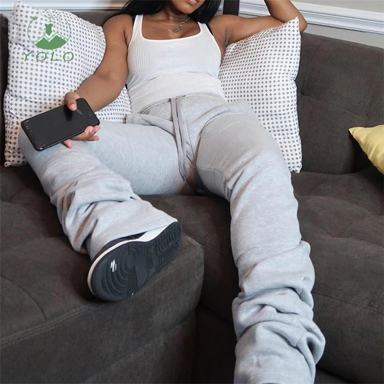 2024 Stacked Fleece Women's Pants Trousers Fall Winter Drawstring Soild Jogger Cargo Stacked Sweat Pants Bottom With Pockets