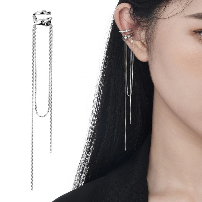 S925 Sterling Silver Non Pierced Minimalist Elegant Geometric Drop Dangle Hanging Tassel Chain Cuffs